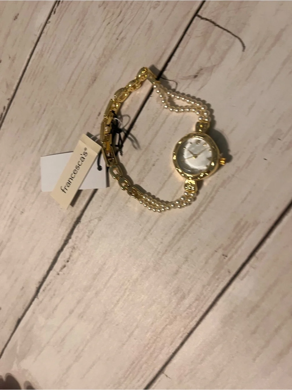 Francesca's Collections Gold and White Pearl Accent Bracelet Watch